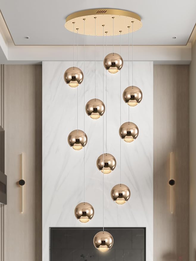 10-Light LED Staircase Gold Chandelier Crystal Ceiling Lights Large Chandeliers for High Ceilings