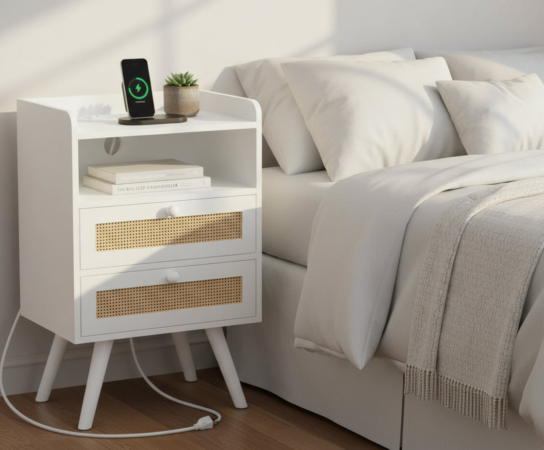 SUPERJARE 2 Drawer Night Stand with Charger Station
