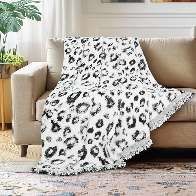 MACEVIA Boho Throw Blanket for Bed, Snow Leopard Printed Blanket