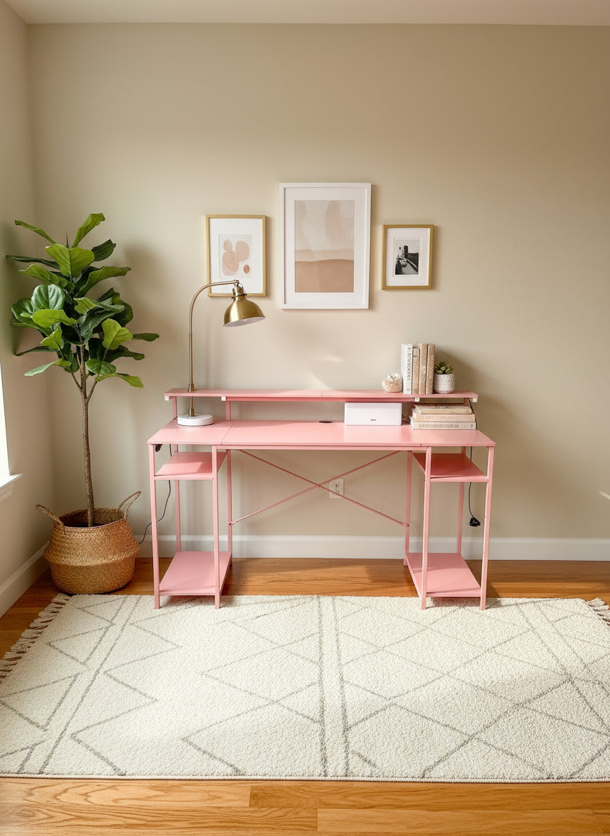 BESTIER GAMING COMPUTER DESK WITH POER OUTLETS AND LED LIGHTS