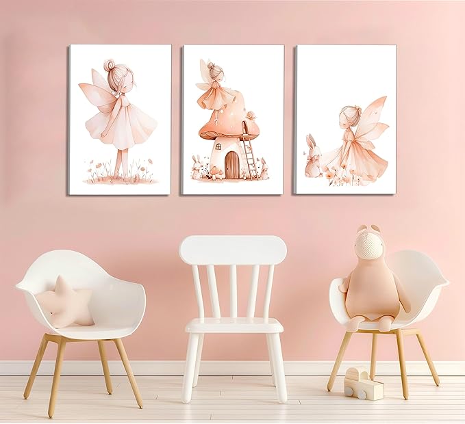 3 Pcs Pink Fairy Nursery Canvas Wall Art