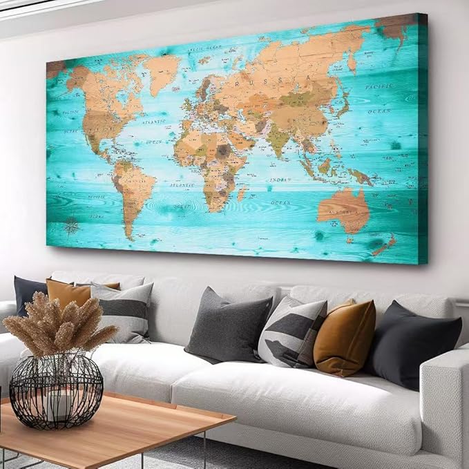 Large Wall Art Blue map of The World Painting Ready to Hang 20"x40"Large